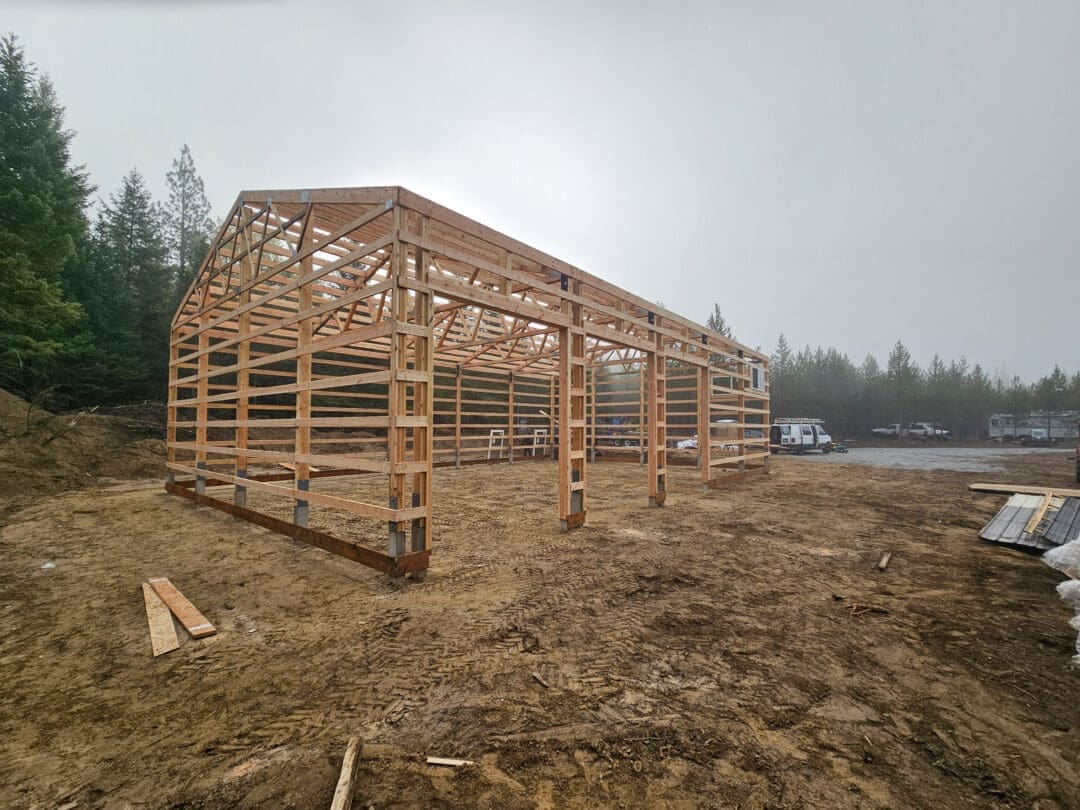 after receiving permits, the pole barn is in rough framing