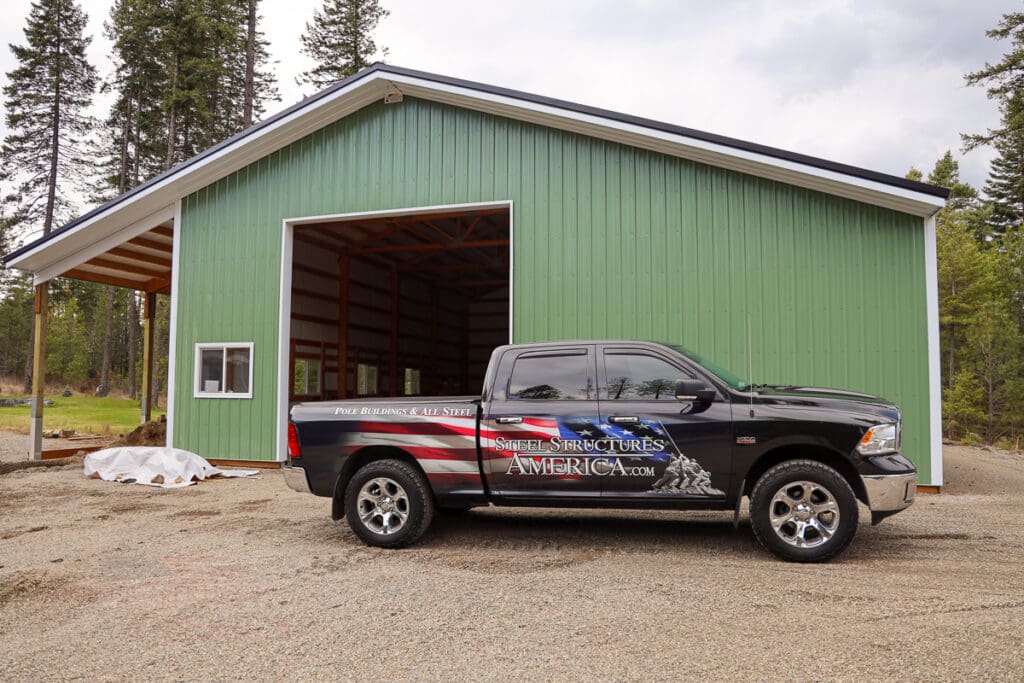#10943 – 30x50x16 w/ (1) lean-to & (1) shed – Hayden, Idaho | Steel Structures America