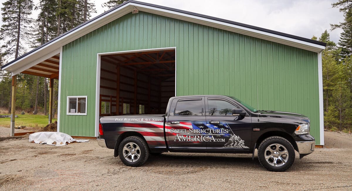 #10943 – 30x50x16 w/ (1) lean-to & (1) shed – Hayden, Idaho | Steel Structures America