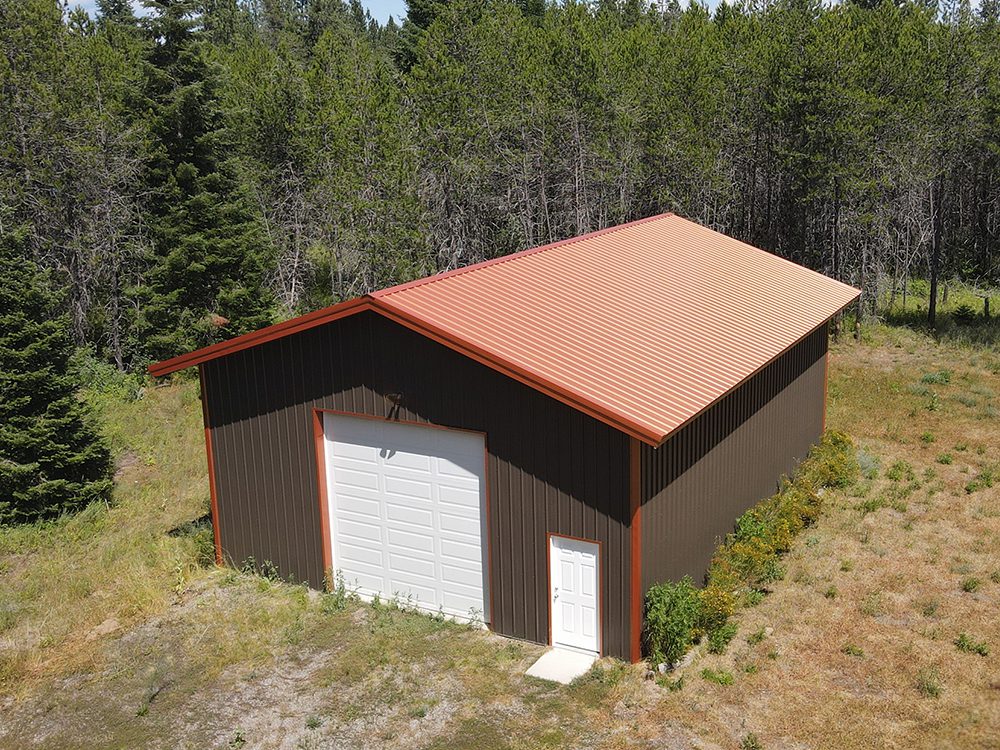 brown garage with orange roof