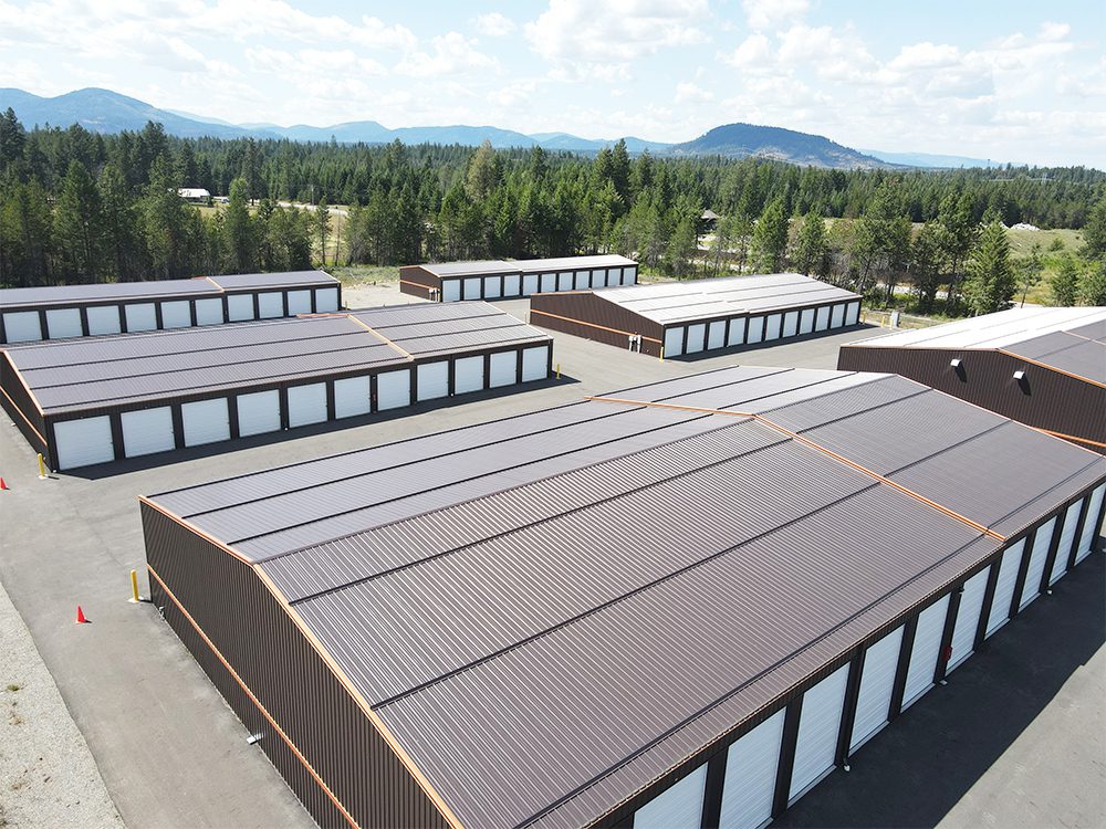 aerial view of brown steel roofs of a storage facility