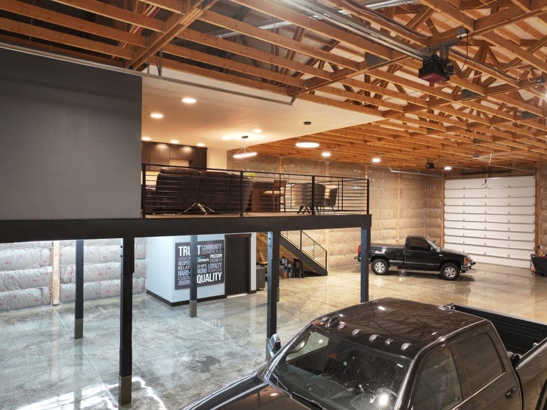 A post frame metal building with a concrete poured floor