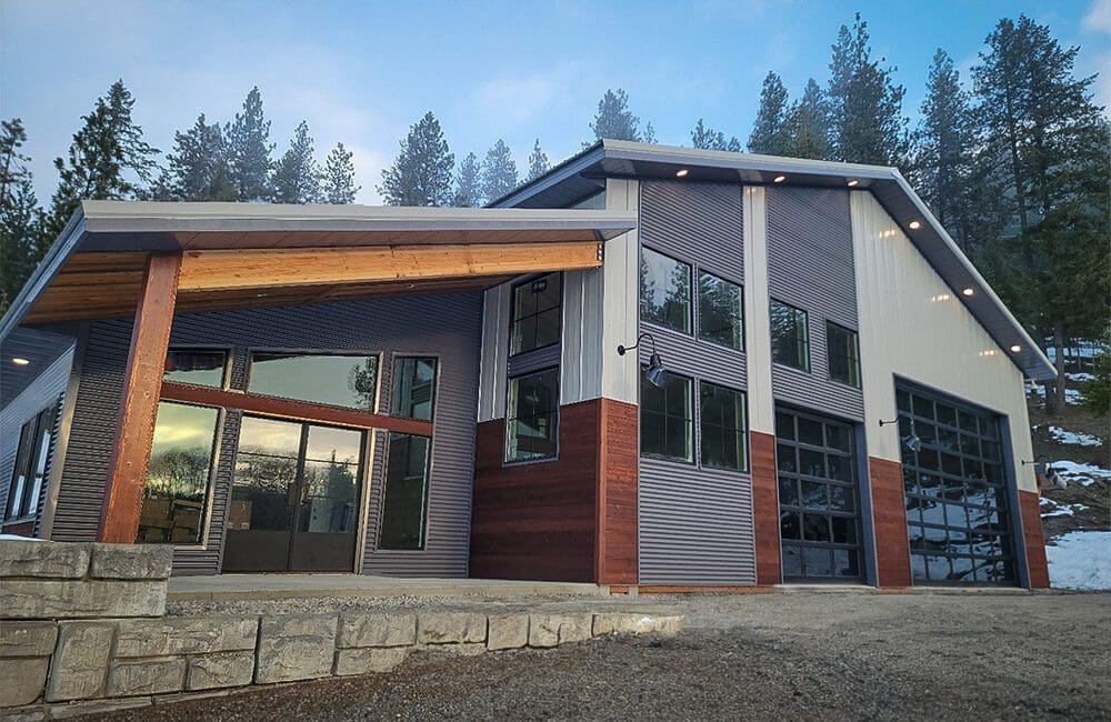 modern steel structure building with soffit and wood accents