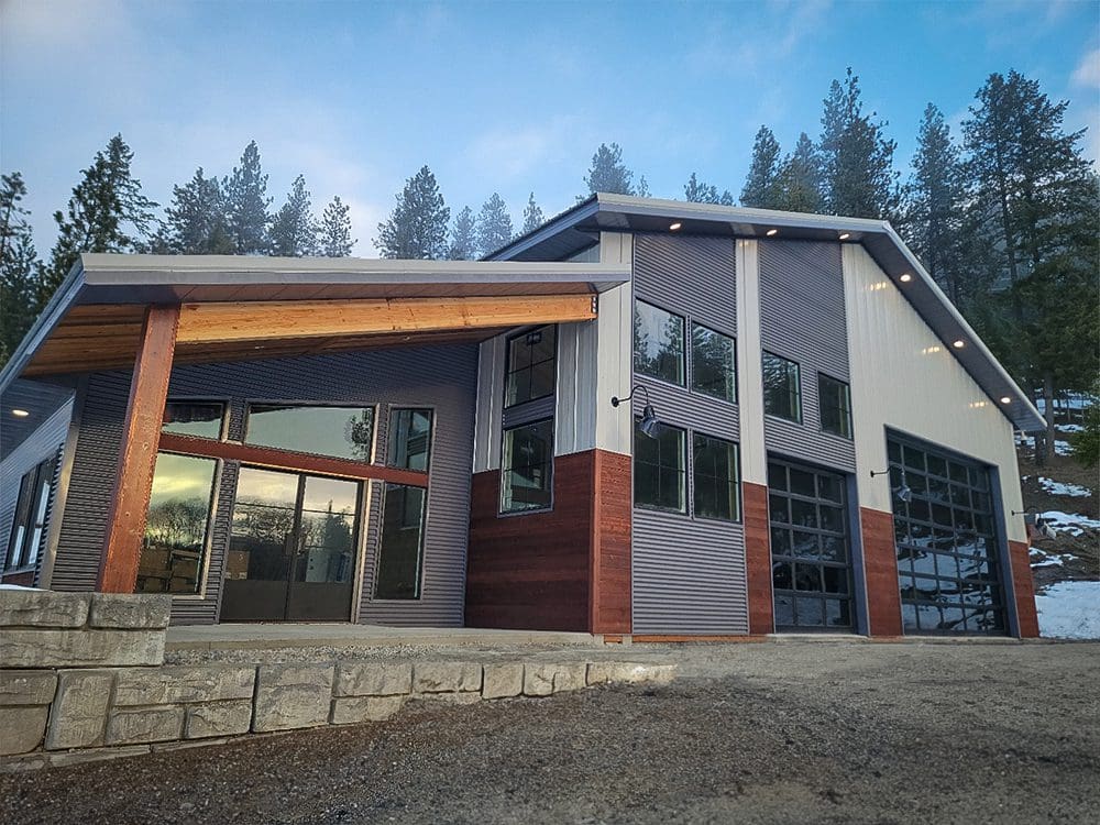modern steel structure building with soffit and wood accents