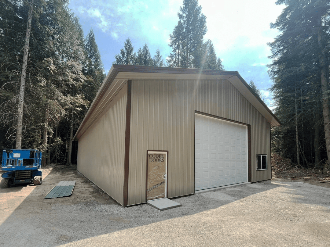 beige garage with brown accents and white door