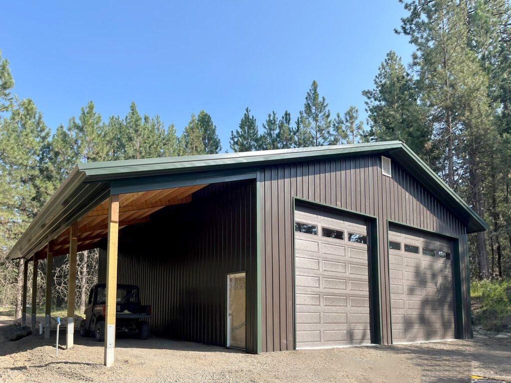 two car brown garage with lean-to