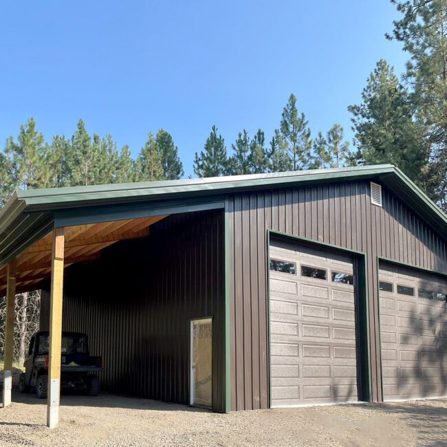 two car brown garage with lean-to