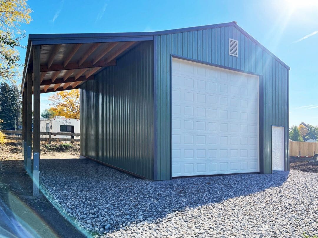 brown garage with lean-to