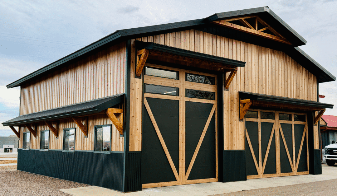 A stunning shouse, green with wood like metal siding