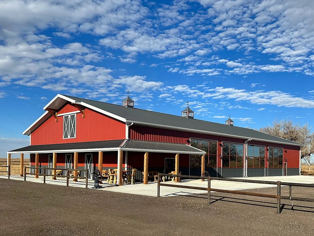 A red Pole barn from Steel Structures America is used as an event center