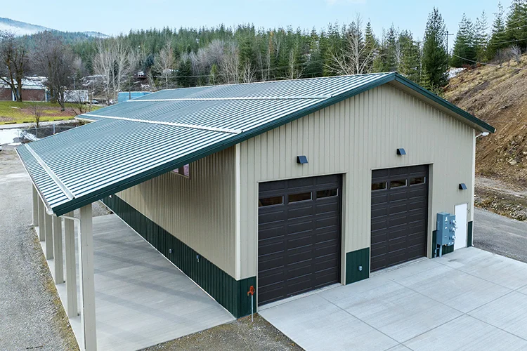 Pole Barn used as a Parks and Recreation warehouse, green roofing and tan siding