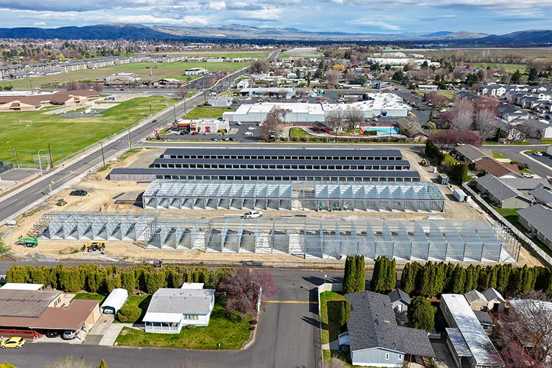 A series of commercial buildings are still under construction showing the post frame method of construction