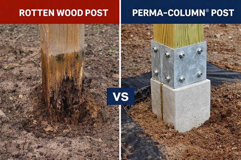 An image showing a rotting wood column next to the better perma-column option