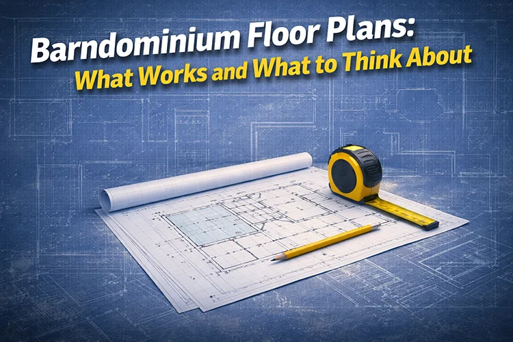 A blueprint shows a barndominium floor plan