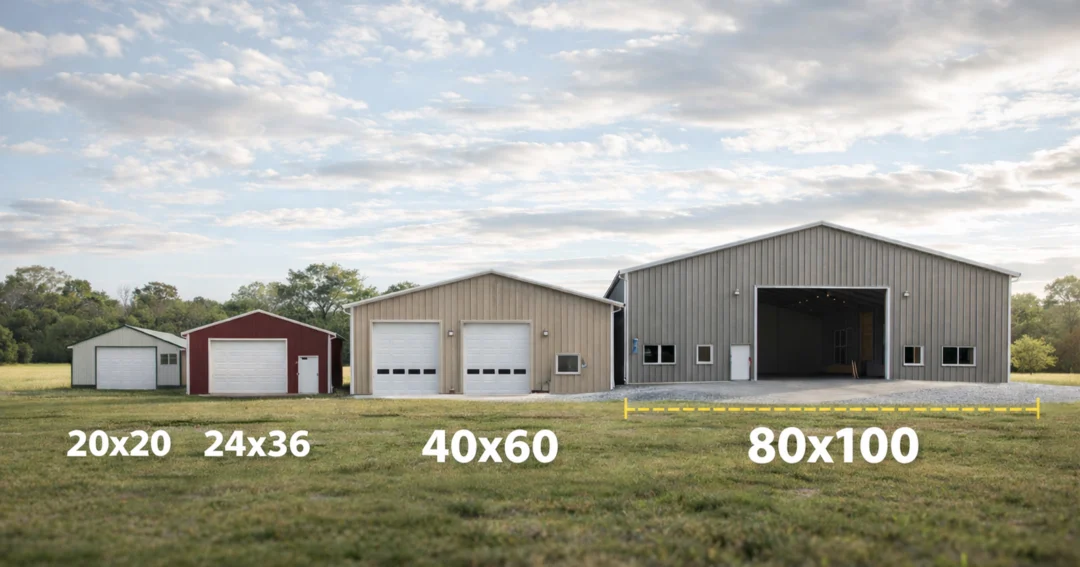 A side by side comparison of pole barn sizes to help choose what sise pole barn is right for you