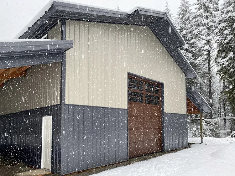 A metal building in winter. Financing is available year round