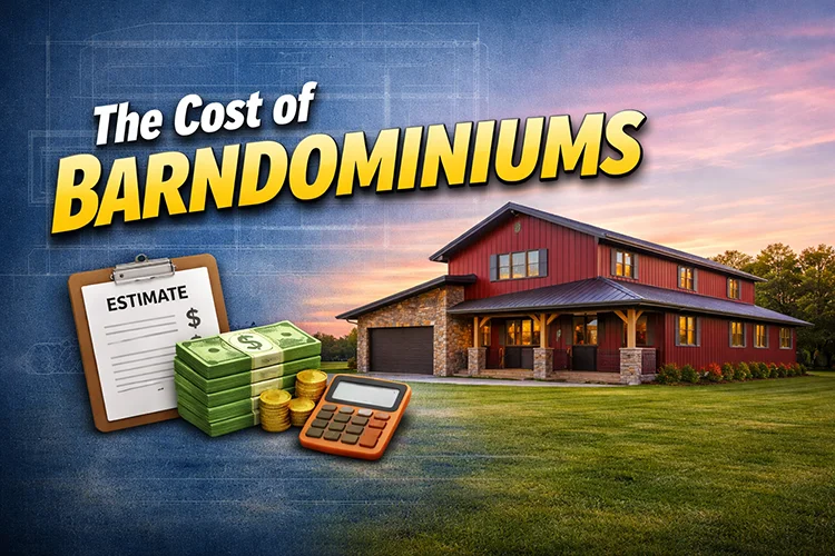An Image of a barndominium next to money and an estimate form with a headline reading the cost of barndominiums