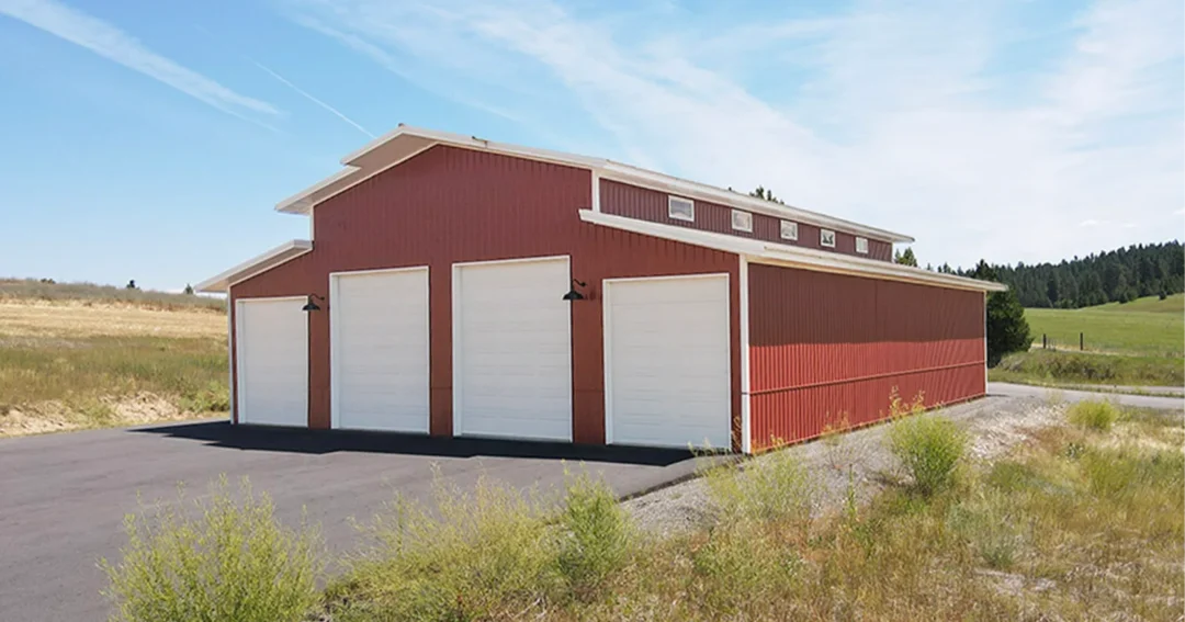 An agricultural hay barn in red and white