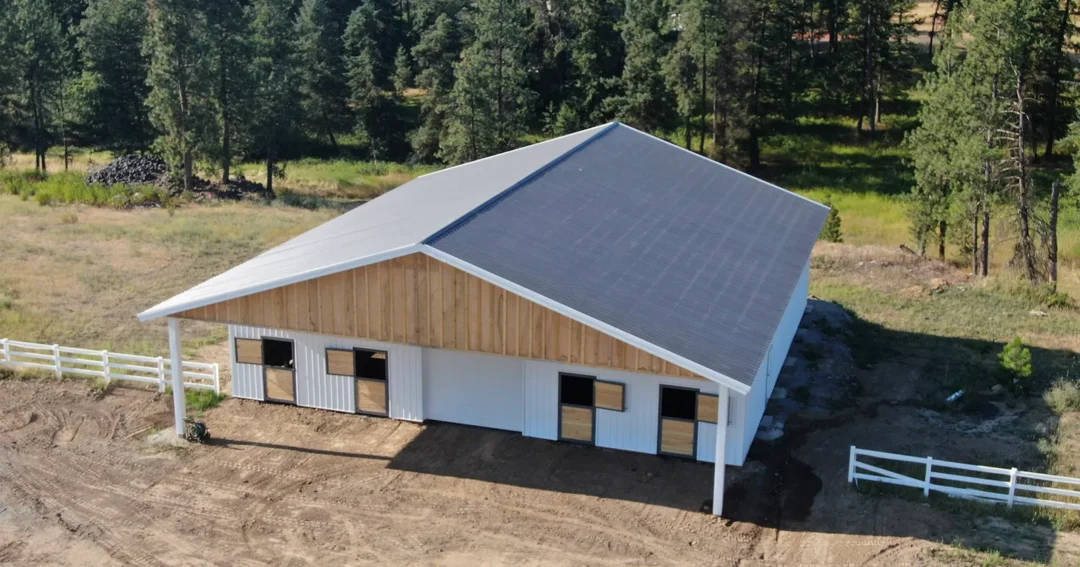 An agricultural livestock barn pole barn