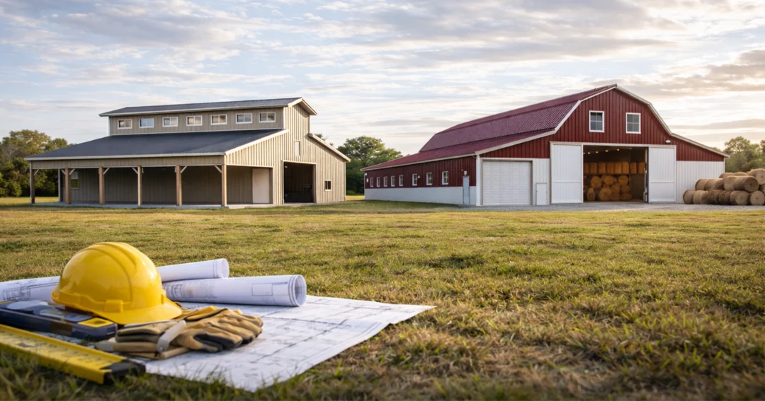 A depiction of a monitor style pole barn next to a gambrel pole barn