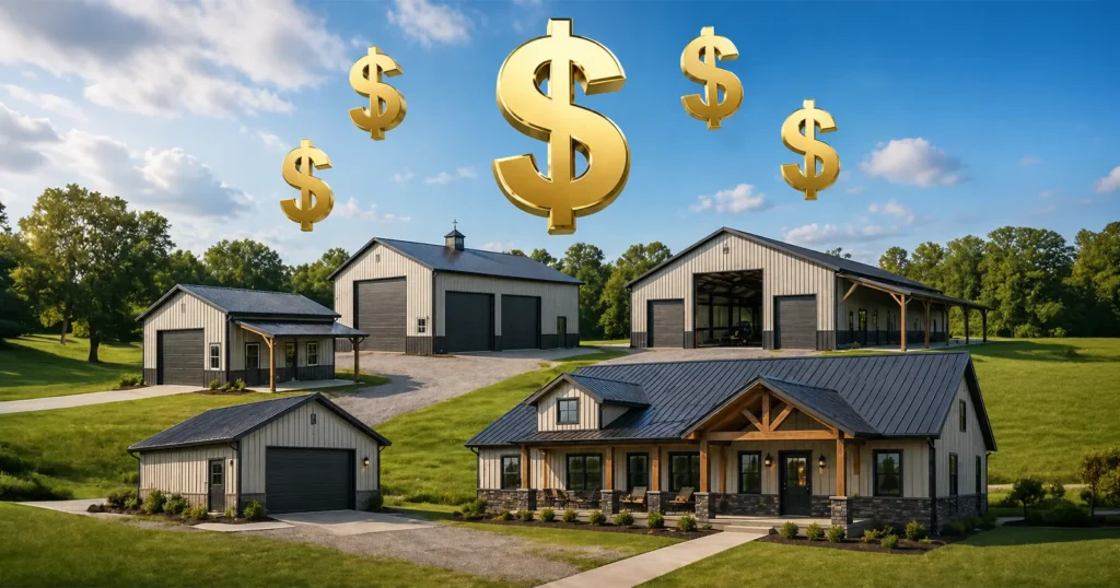 A visual of various pole barn sizes and dollar signs representing their pole barn cost