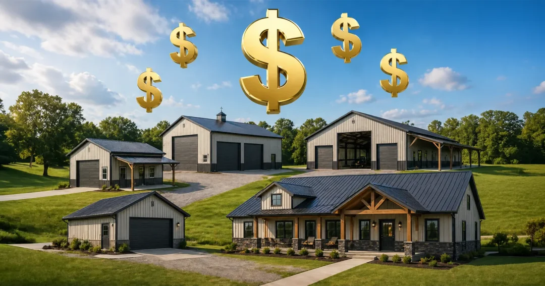 A visual of various pole barn sizes and dollar signs representing their pole barn cost