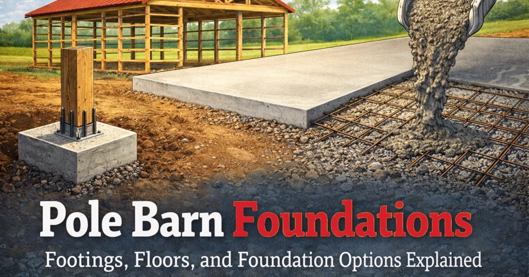 Pole Barn Foundations image of a foundation being poured for a post frame building
