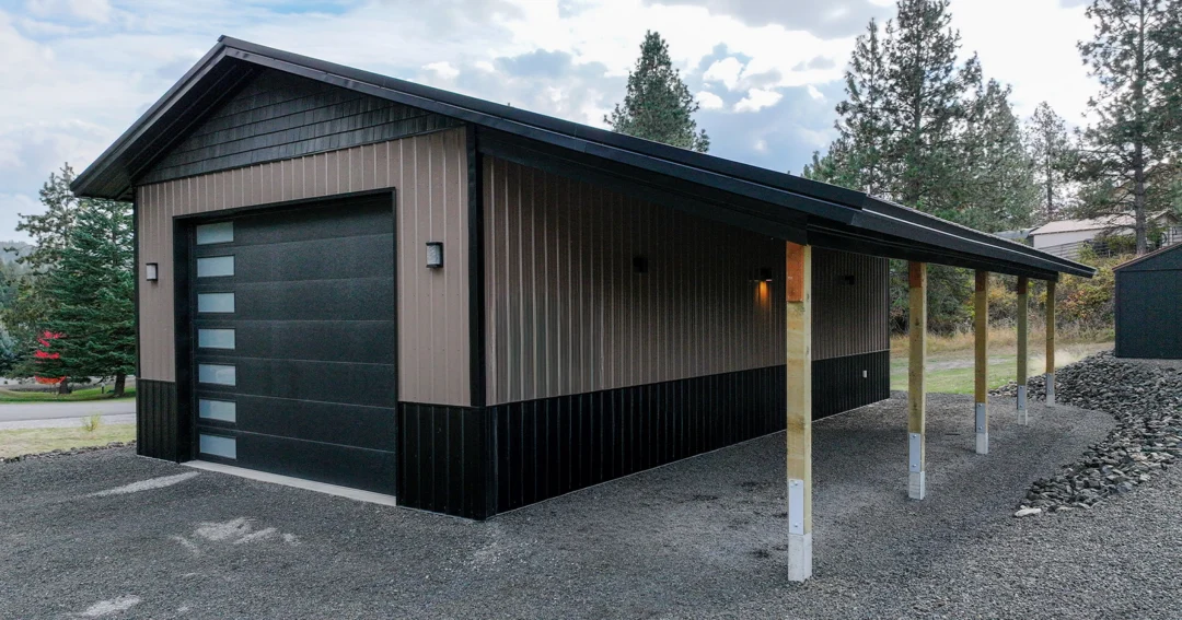 A pole barn with lean to is featured