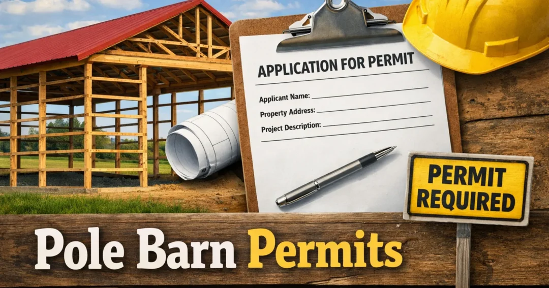 An image of a pole barn with a permit application that reads pole barn permits