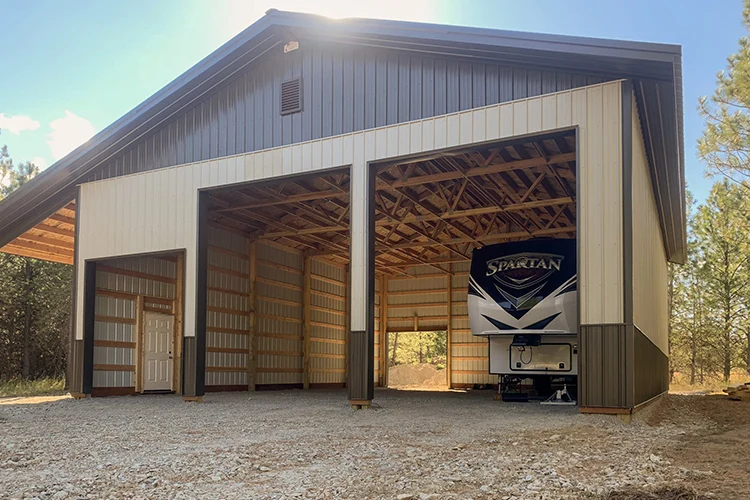 The cost of a pole barn increases with height, this visual example has large overhead doors