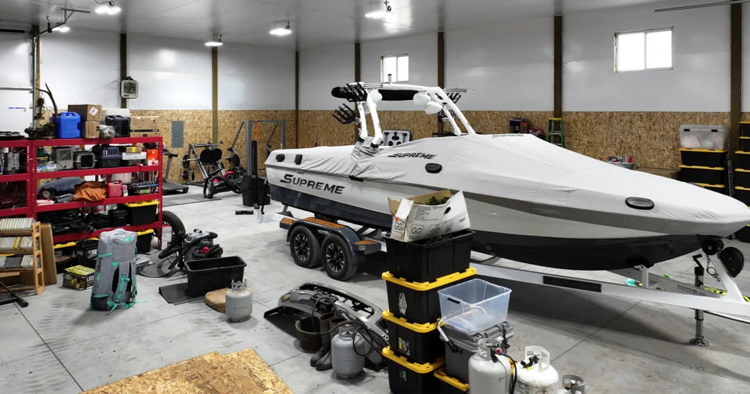 A pole barns interior with enough square footage to fit a boat and tools