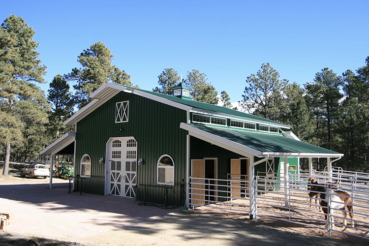 A small green horse barn for equestrian owners
