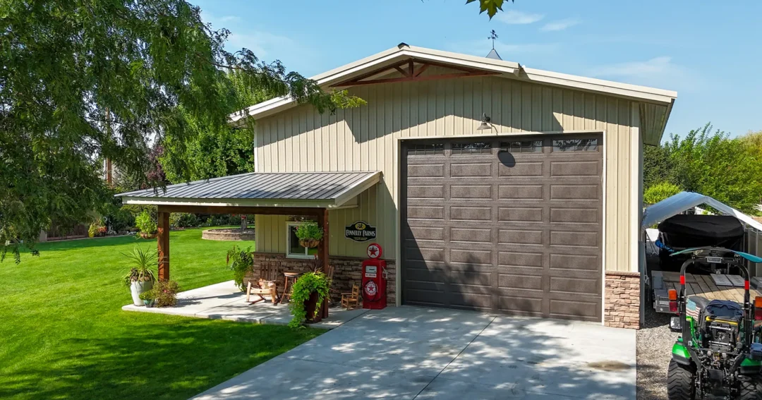 A pole barn with extra feature that increase its price, such as a lean to porch