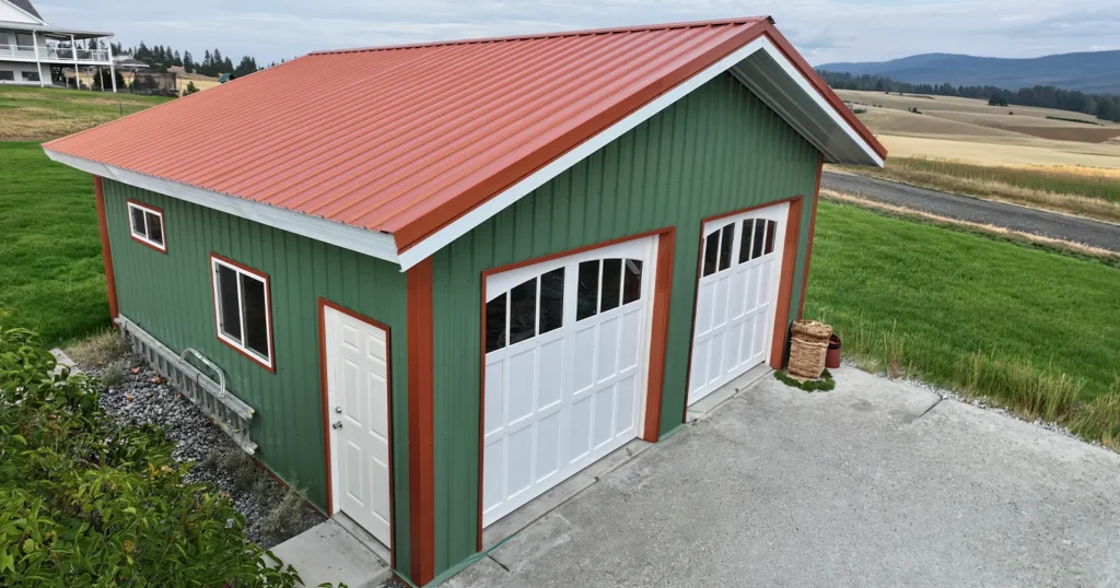 This post frame garage is green with red trim and white doors