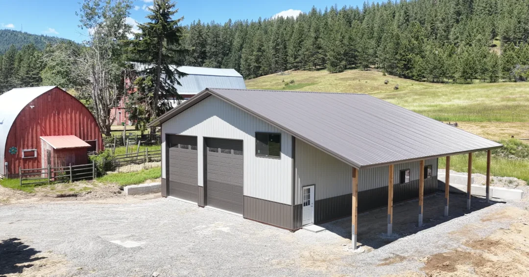 A 2 two tone building that answers what is a pole barn